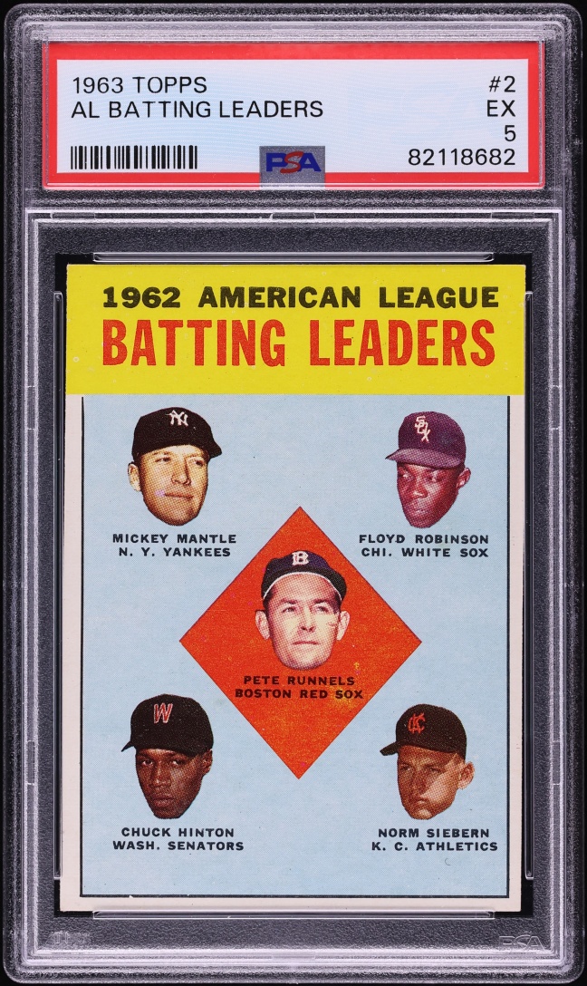 1963 Topps Mickey Mantle Norm Siebern Pete Runnels AL BATTING LEADERS #2 PSA 5 EX