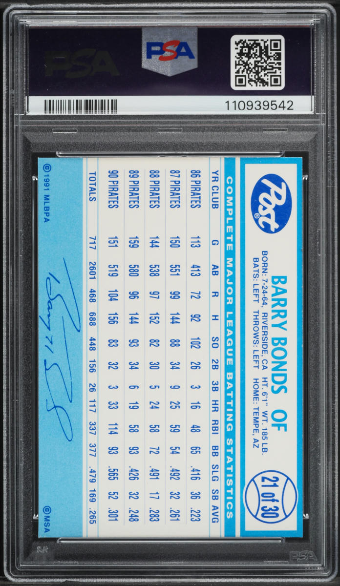 1991 Post Cereal Barry Bonds #21 PSA 8 NM-MT