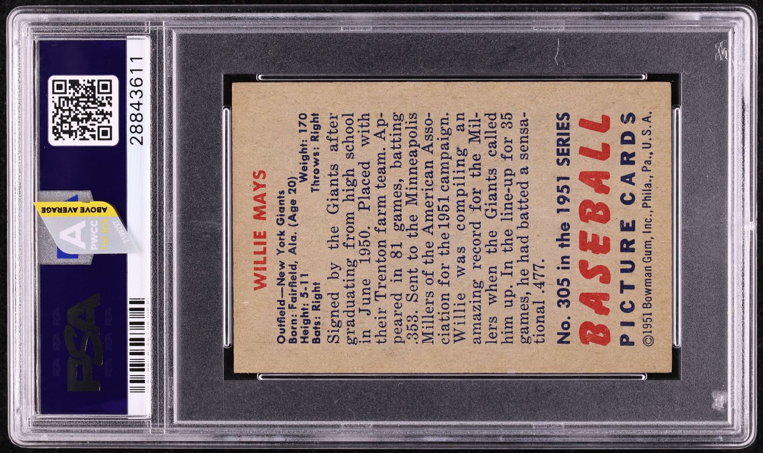 1951 Bowman Willie Mays ROOKIE #305 PSA 6 EXMT