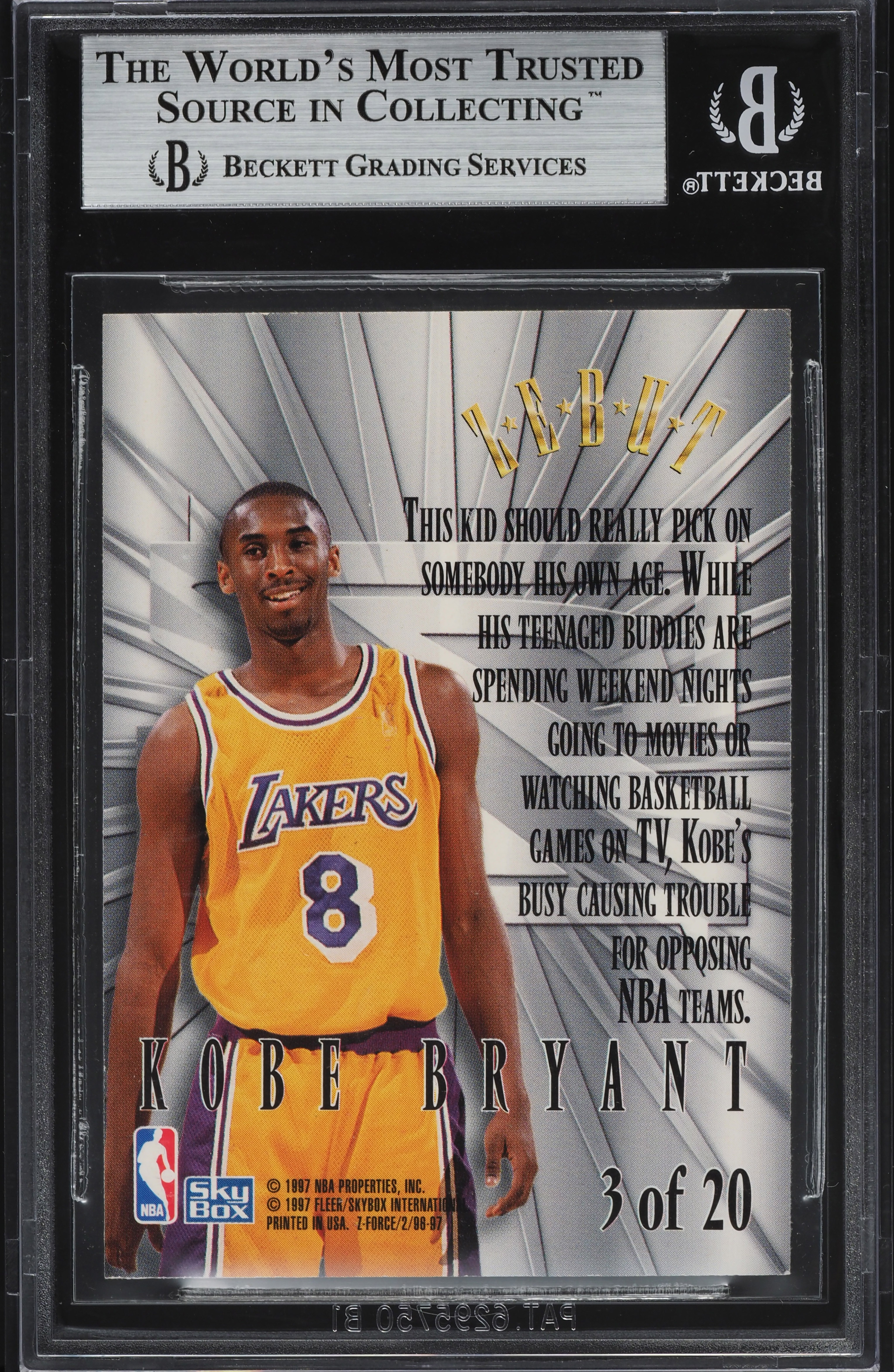 1996 Skybox Z-Force Z-Peat Zebut Kobe Bryant ROOKIE #3 BGS 9