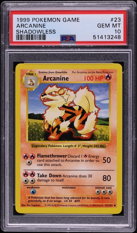 1999 Pokemon Base Set Shadowless Arcanine #23 PSA 10 GEM MINT