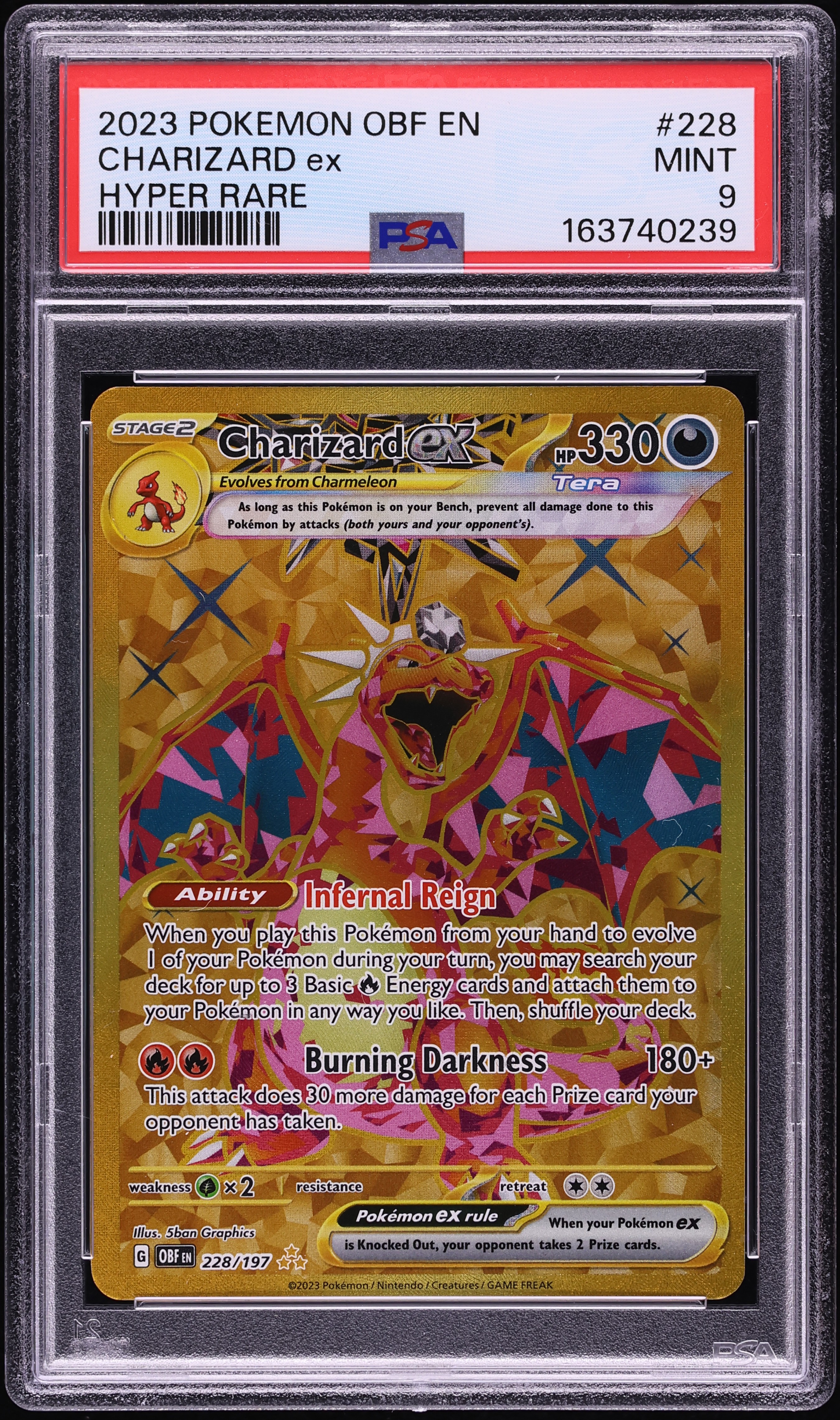 2023 Pokemon Scarlet & Violet Obsidian Flames Gold Rare Charizard ex #228 PSA 9 MINT
