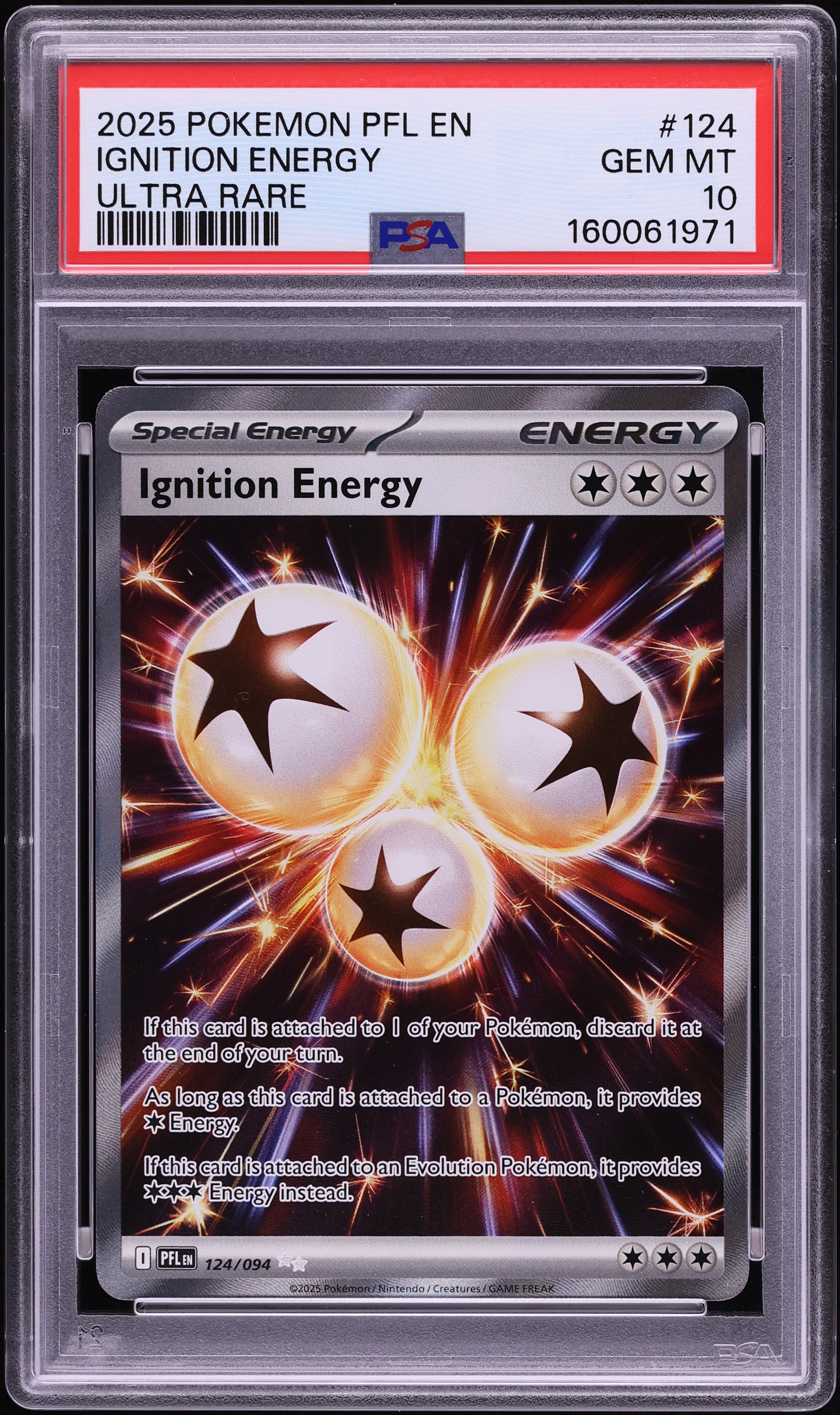 2025 Pokemon Mega Evolution Phantasmal Flames Full Art Ignition Energy #124 PSA 10 GEM MINT