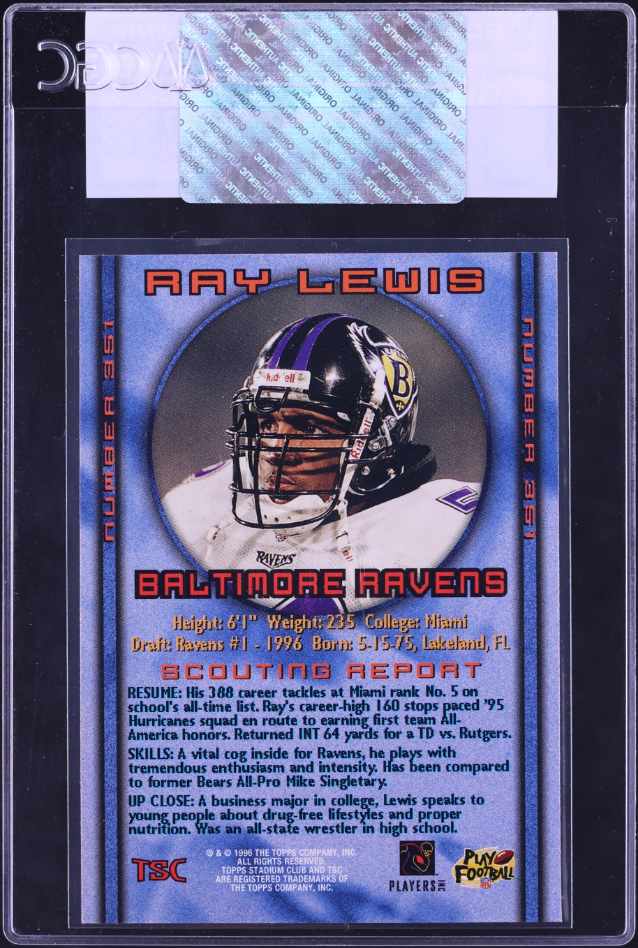 1996 Stadium Club Football Ray Lewis ROOKIE #351 CGC AUTH