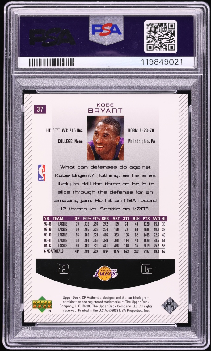 2002 SP Authentic Kobe Bryant #37 PSA 10 GEM MINT