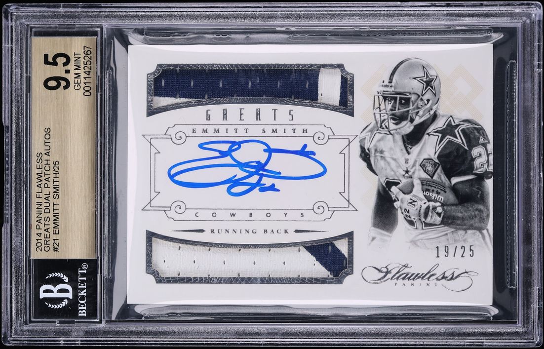 2014 Panini Flawless Greats Dual Emmitt Smith GAME USED PATCH AUTO /25 #21 BGS 9.5 GEM MINT