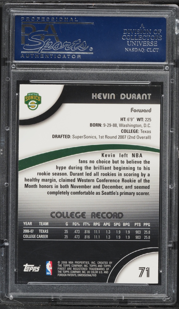 2007 Finest Basketball Kevin Durant ROOKIE #71 PSA 10 GEM MINT