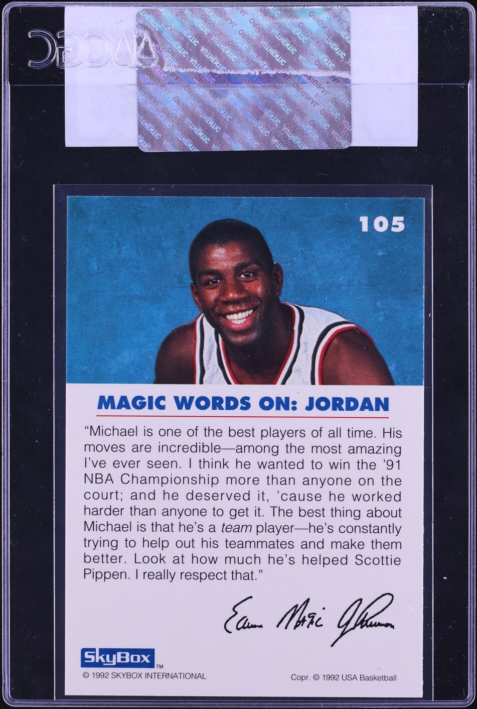 1992 Skybox USA Basketball Magic Johnson On Michael Jordan #105 CGC AUTH
