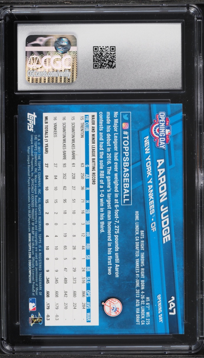 2017 Topps Opening Day Aaron Judge ROOKIE #147 CGC 10 GEM MINT