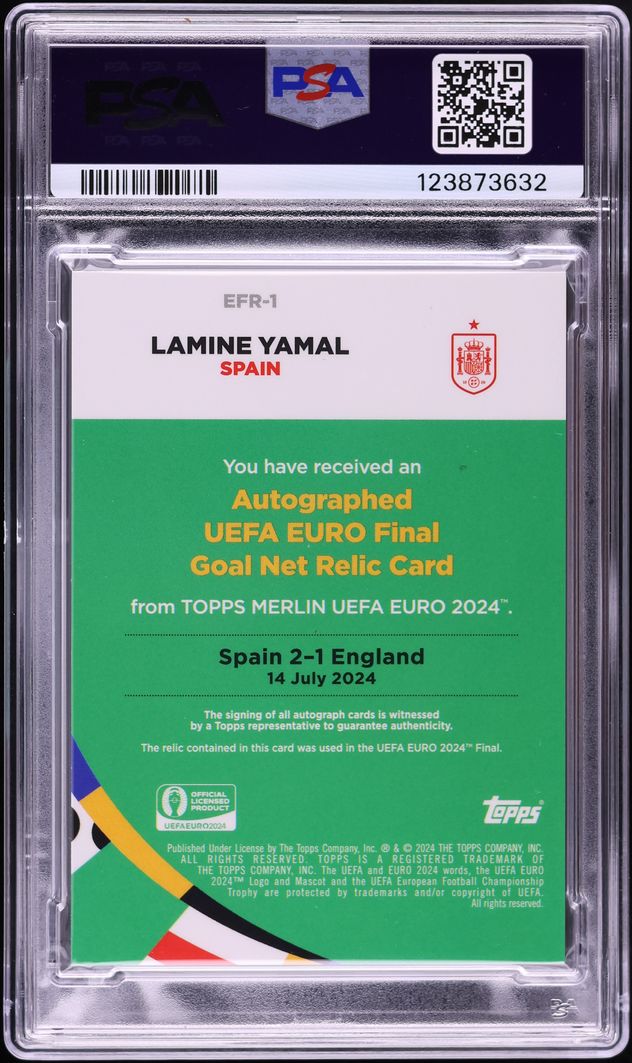 2024 Topps Merlin UEFA Euro Final Goal Superfractor Lamine Yamal RELIC AUTO DNA 10 1/1 PSA 10