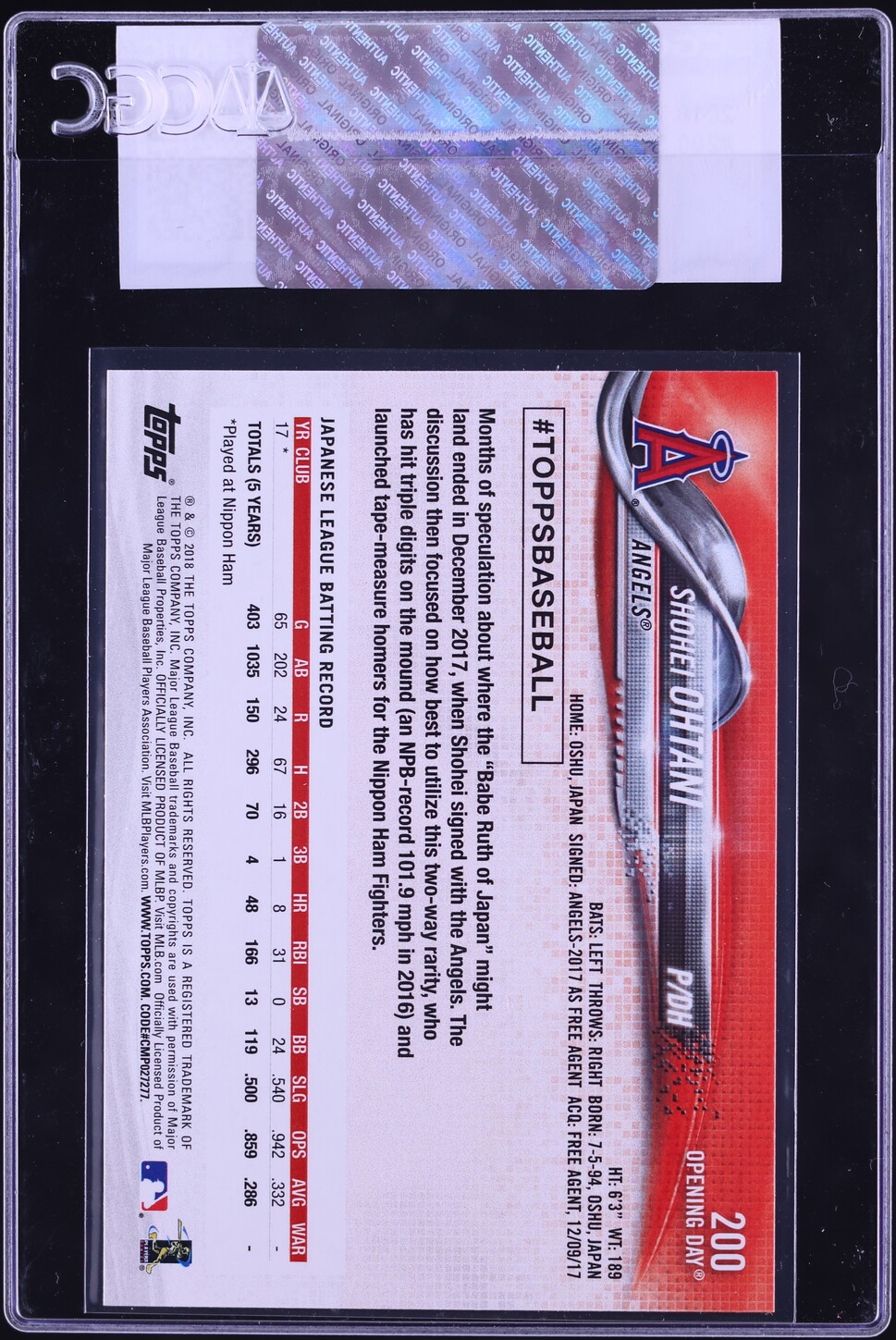2018 Topps Opening Day Shohei Ohtani ROOKIE #200 CGC AUTH