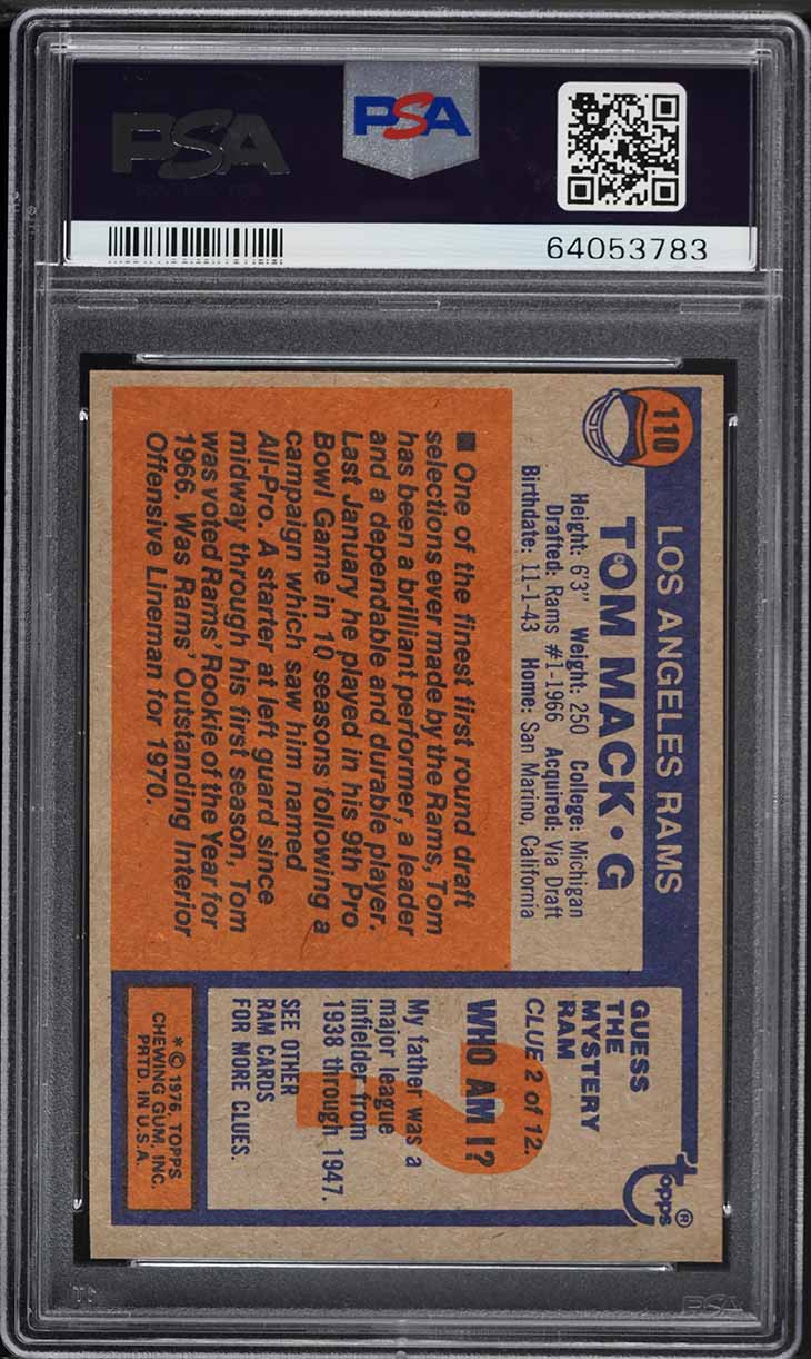 1976 Topps Football Tom Mack #110 PSA 10 GEM MINT