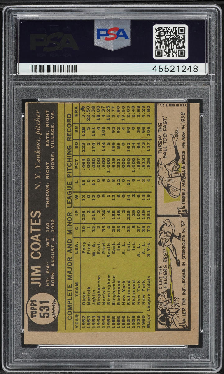 1961 Topps Jim Coates #531 PSA 6 EXMT