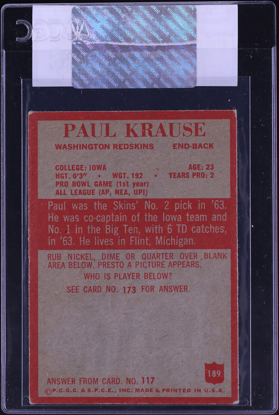 1965 Philadelphia Paul Krause #189 CGC AUTH