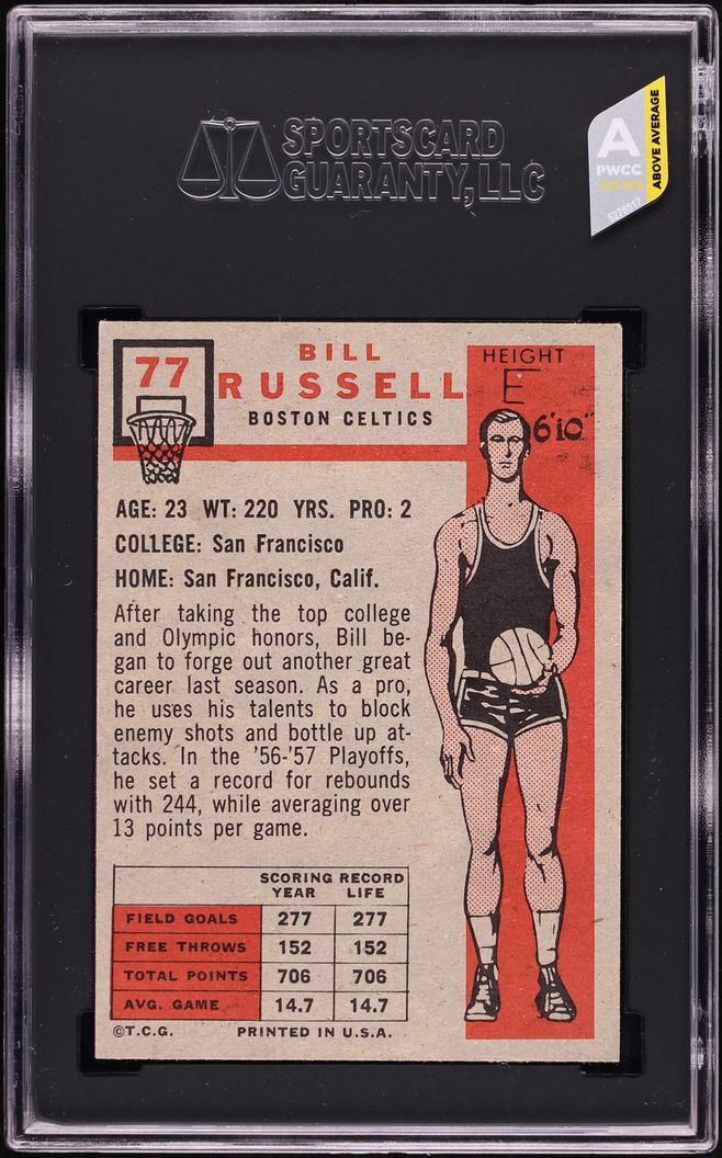 1957 Topps Basketball Bill Russell ROOKIE #77 SGC 6 EXMT