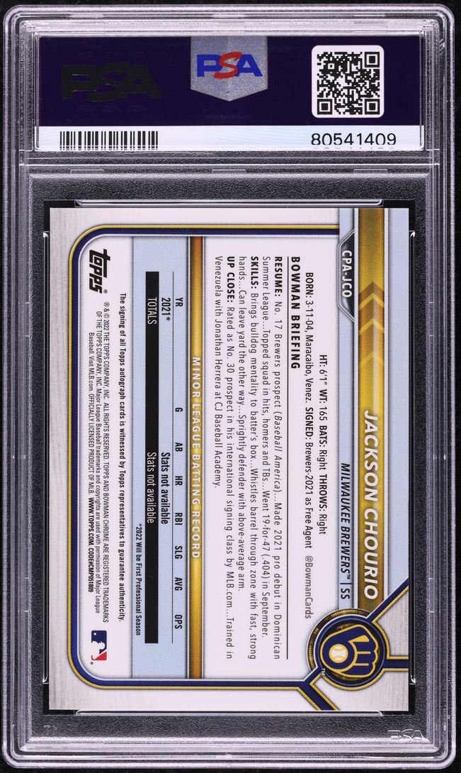 2022 Bowman Chrome Orange Jackson Chourio PROSPECT AUTO DNA 10 /25 PSA 10 GEM