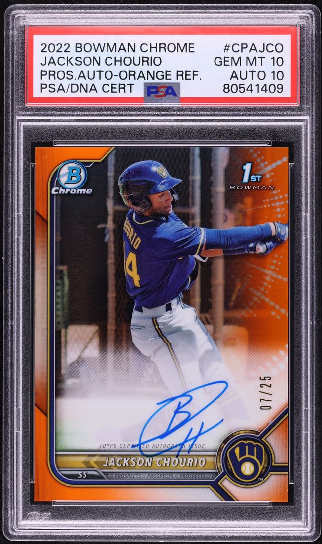 2022 Bowman Chrome Orange Jackson Chourio PROSPECT AUTO DNA 10 /25 PSA 10 GEM