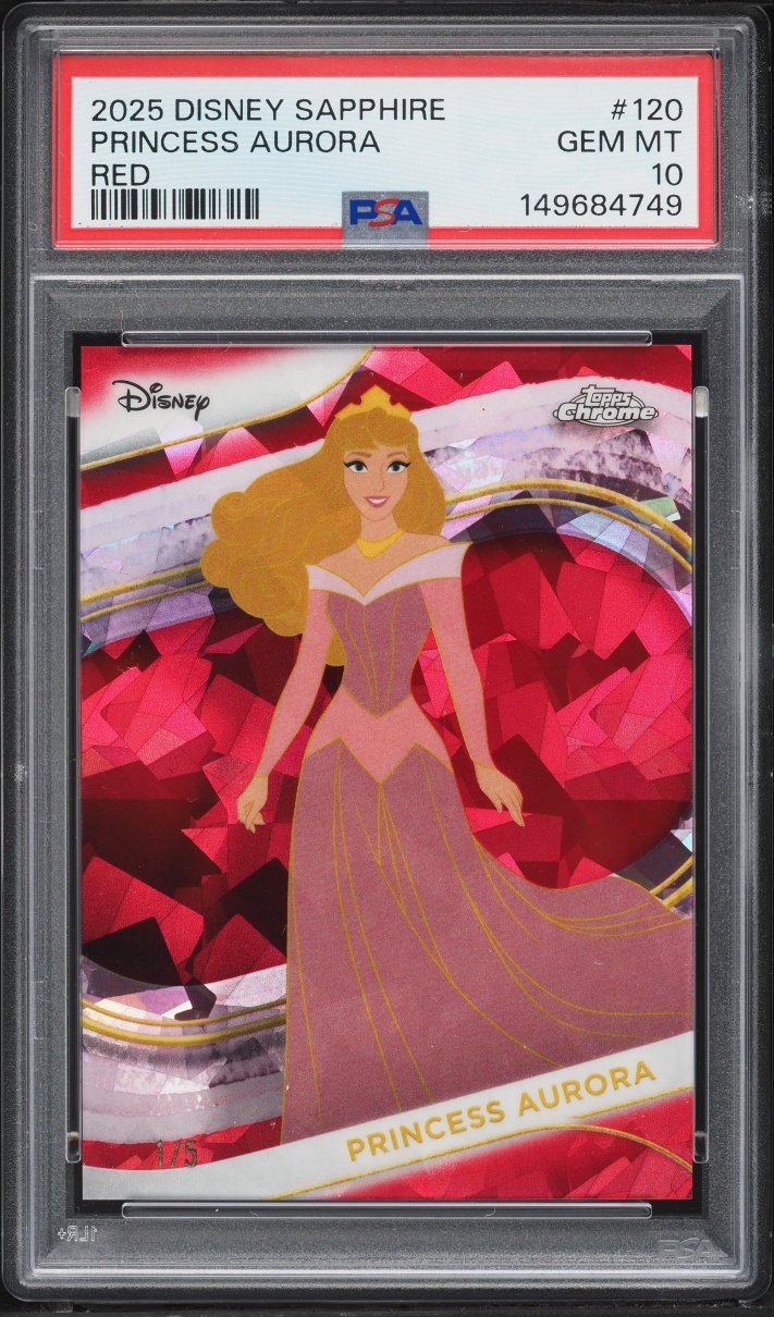 2025 Topps Chrome Disney Sapphire Red Princess Aurora 1/5 #120 PSA 10 GEM MINT - Photo 1