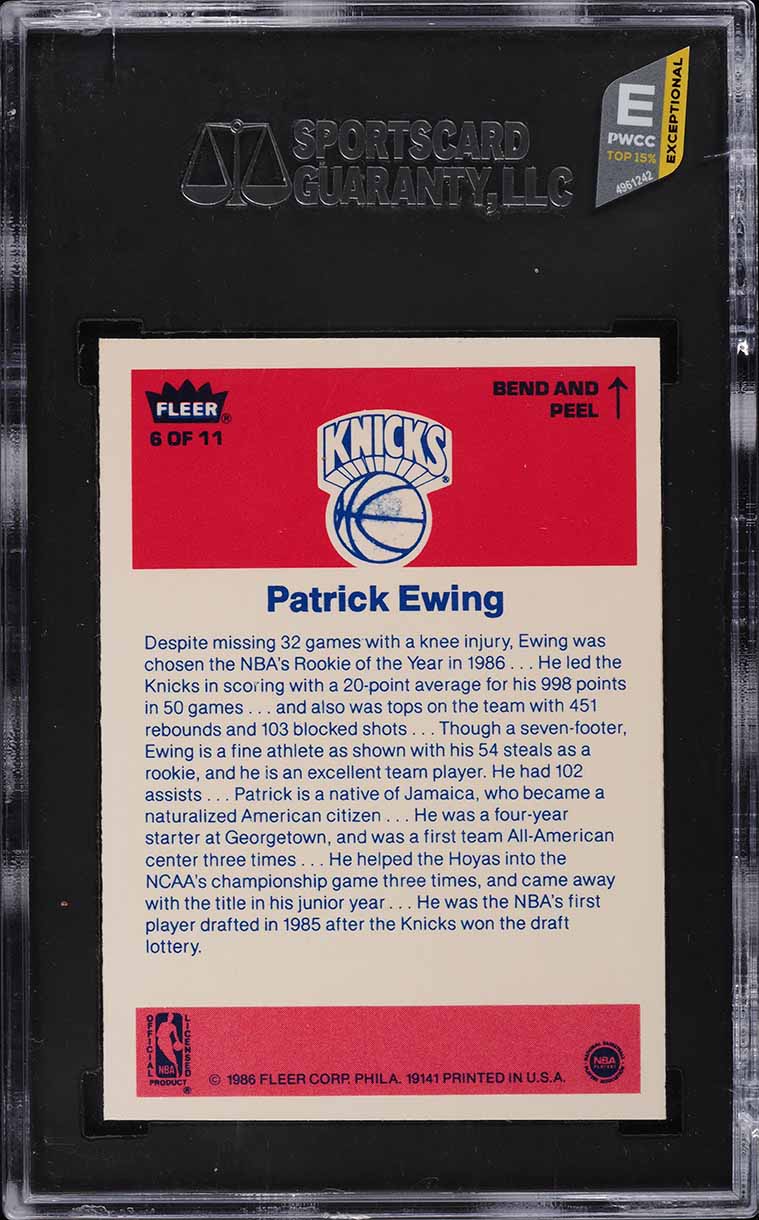 1986 Fleer Sticker Patrick Ewing ROOKIE #6 SGC 9 MINT
