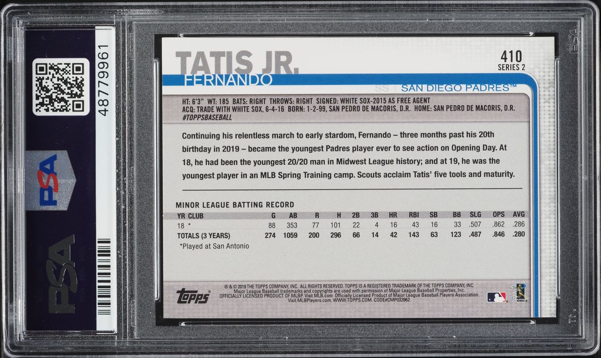 2019 Topps Fernando Tatis Jr. ROOKIE #410 PSA 10 GEM MINT