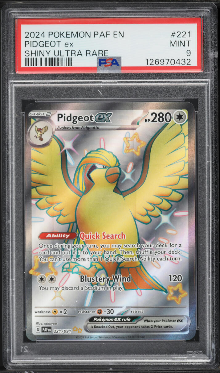 2024 Pokemon Scarlet & Violet Paldean Fates Full Art Pidgeot ex #221 PSA 9 MINT