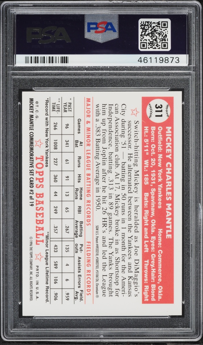 1996 Finest Refractor '52 Reprint Mickey Mantle #2 PSA 9 MINT