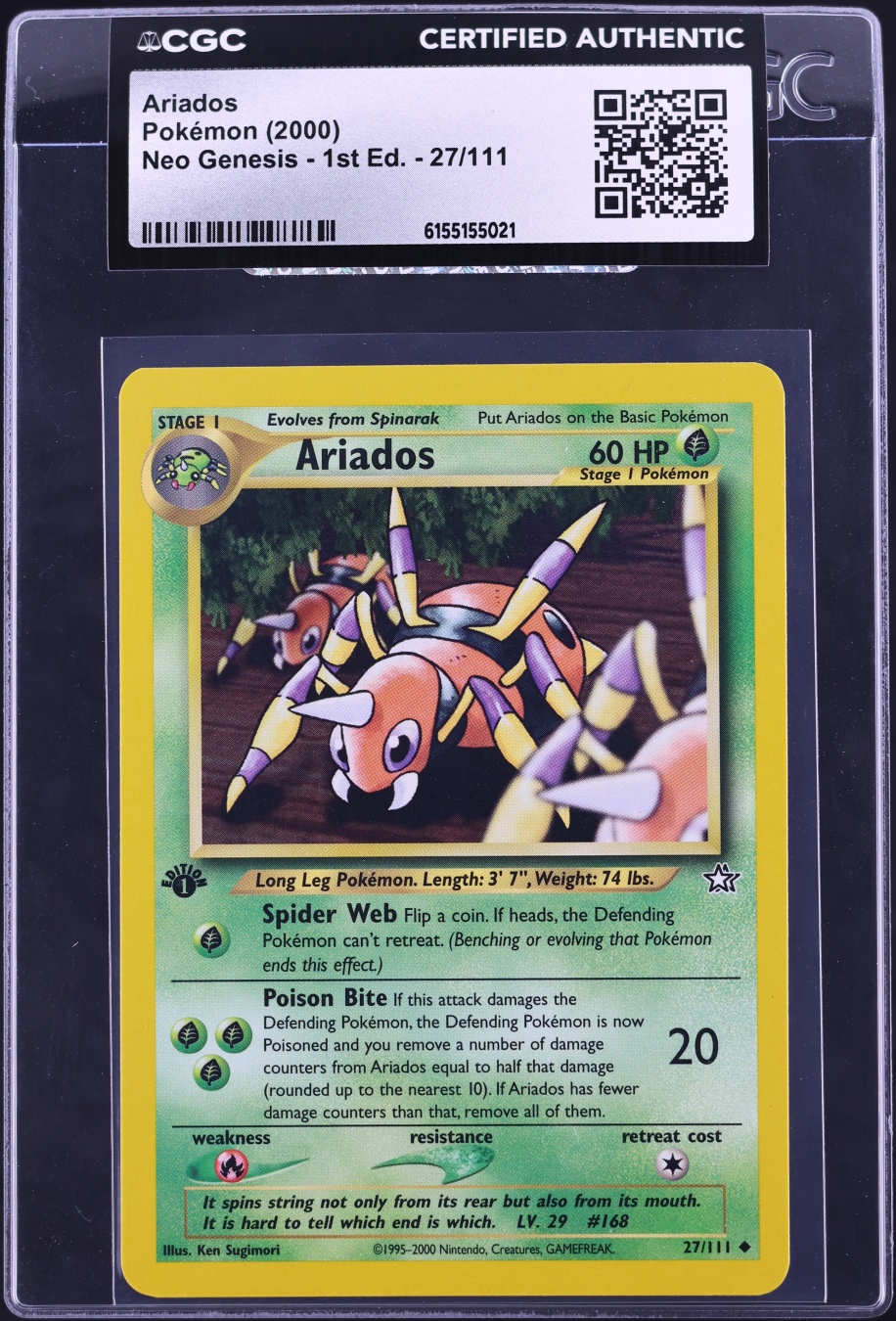 2000 Pokemon Neo Genesis 1st Edition Ariados #27 CGC AUTH