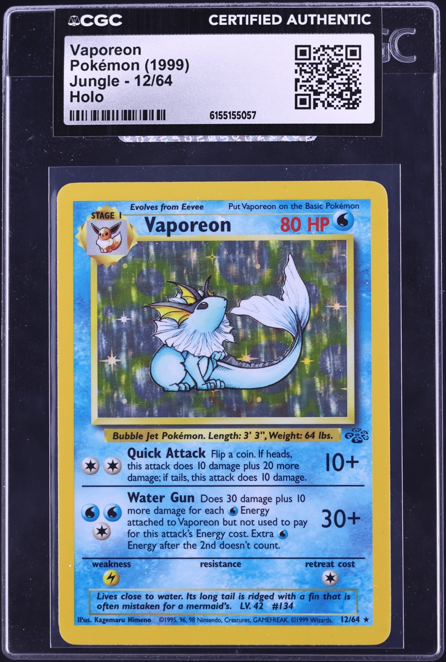 1999 Pokemon Jungle Holo Vaporeon #12 CGC AUTH