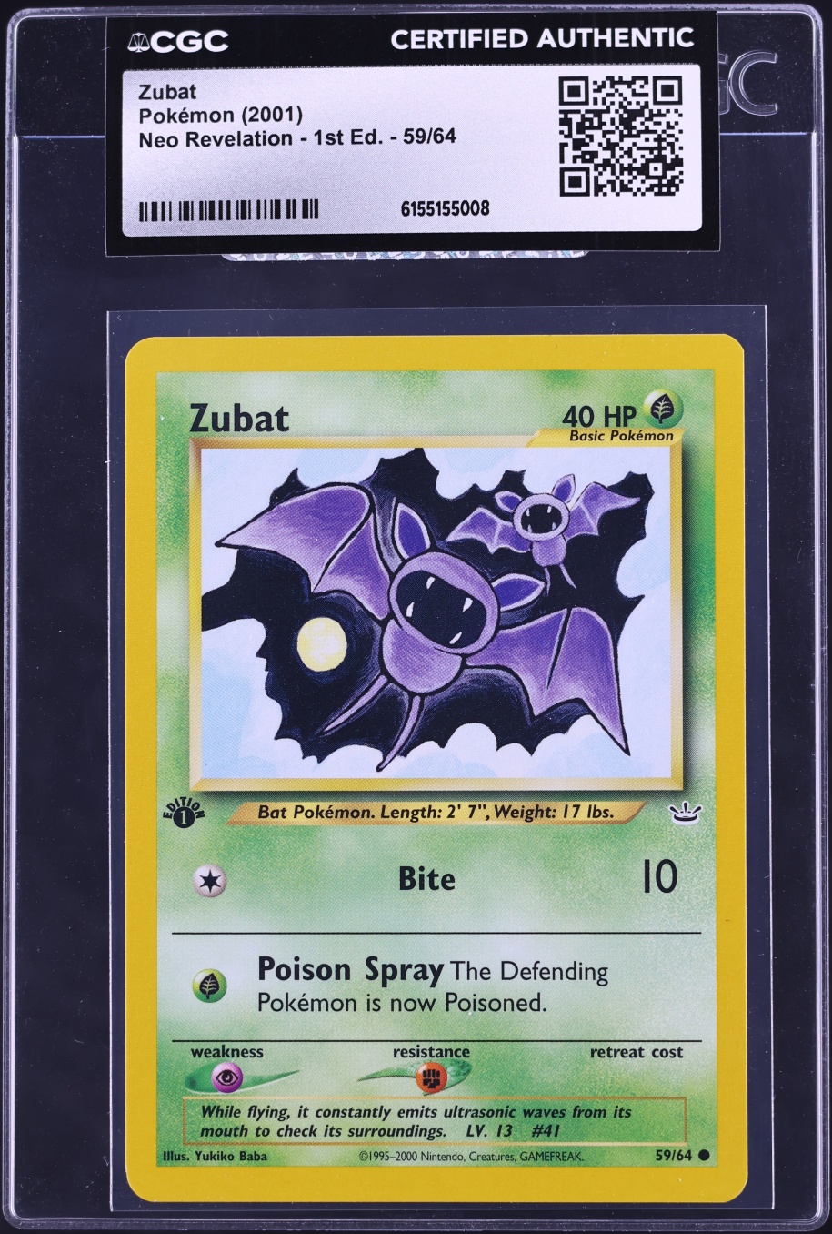 2001 Pokemon Neo Revelation 1st Edition Zubat #59 CGC AUTH