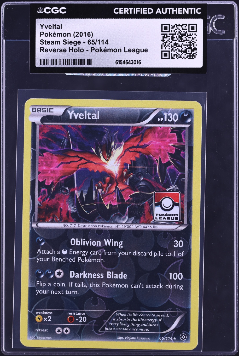 2016 Pokemon Sun & Moon Steam Siege League Reverse Holo Yveltal #65 CGC AUTH