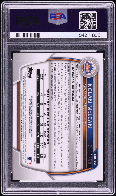 2023 Bowman Chrome Draft Purple Refractor Nolan McLean PROSPECT AUTO /250 #CDA-NM PSA 9 MINT
