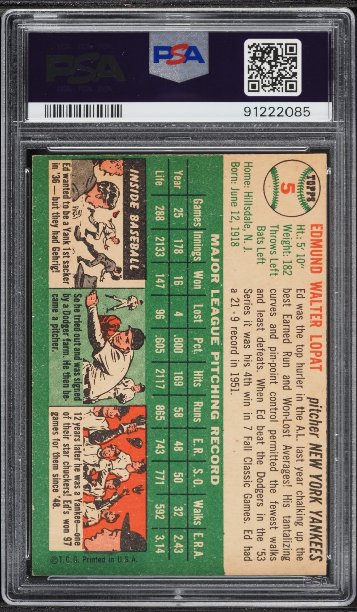 1954 Topps Ed Lopat #5 PSA 6 EXMT