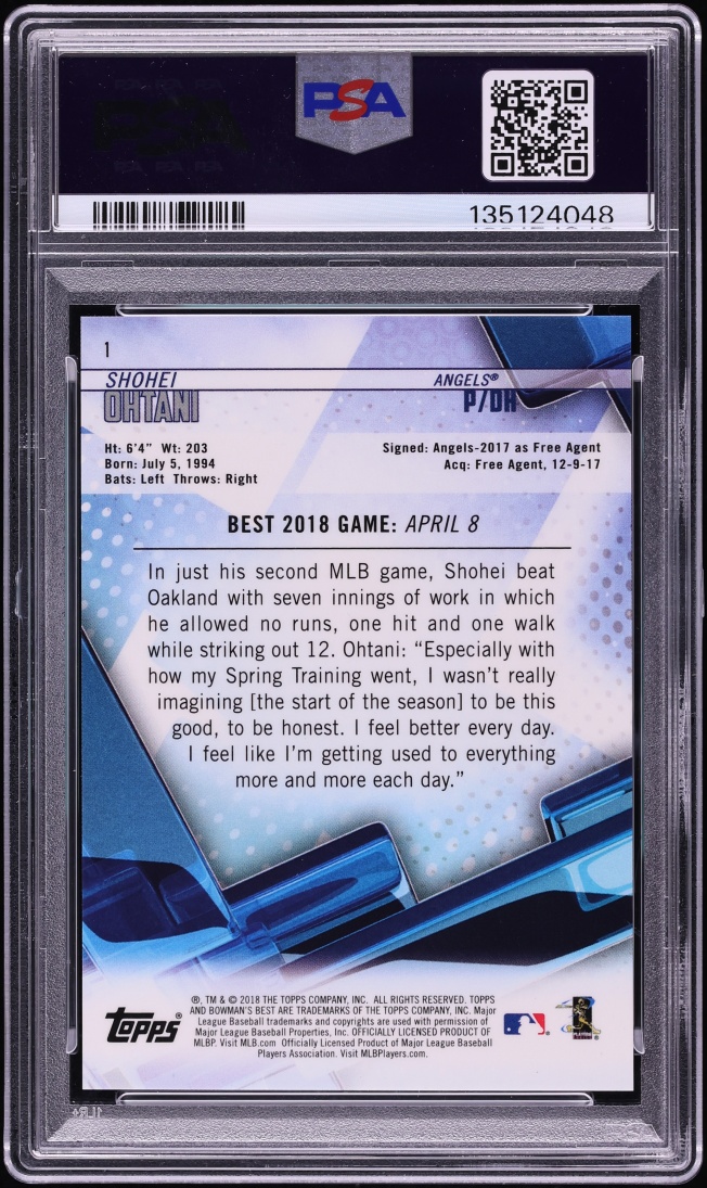 2018 Bowman's Best Atomic Refractor Shohei Ohtani ROOKIE #1 PSA 10 GEM MINT