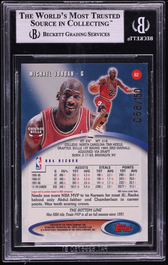 1998 Stadium Club One Of A Kind Michael Jordan /150 #62 BGS 9 MINT - Photo 2