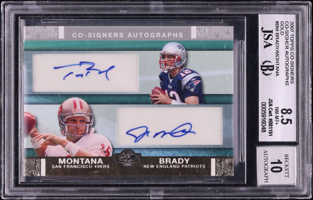 2007 Topps Co-Signers Gold Tom Brady & Joe Montana AUTO /25 #CSA-BM JSA BGS 8.5 NM-MT+ - Photo 1