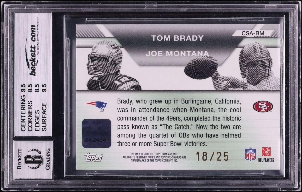 2007 Topps Co-Signers Gold Tom Brady & Joe Montana AUTO /25 #CSA-BM JSA BGS 8.5 NM-MT+ - Photo 2