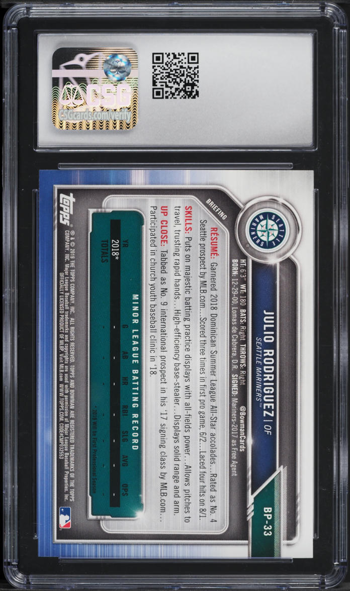 2019 Bowman Julio Rodriguez PROSPECT #BP-33 CSG 9.5 MINT+