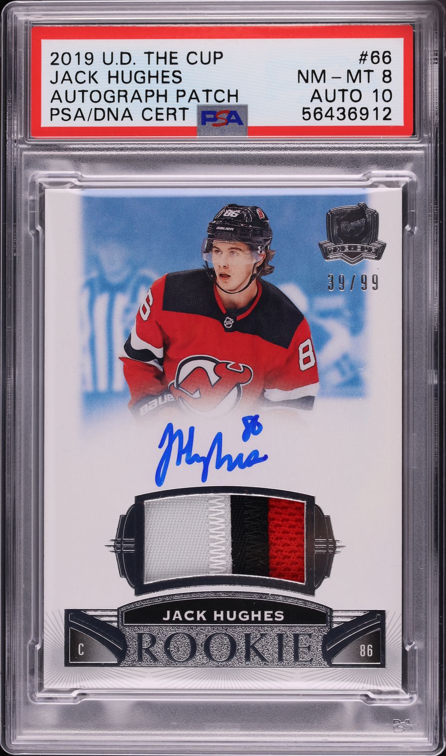 2019 Upper Deck The Cup Jack Hughes ROOKIE PATCH AUTO DNA 10 /99 #66 PSA 8 NM-MT