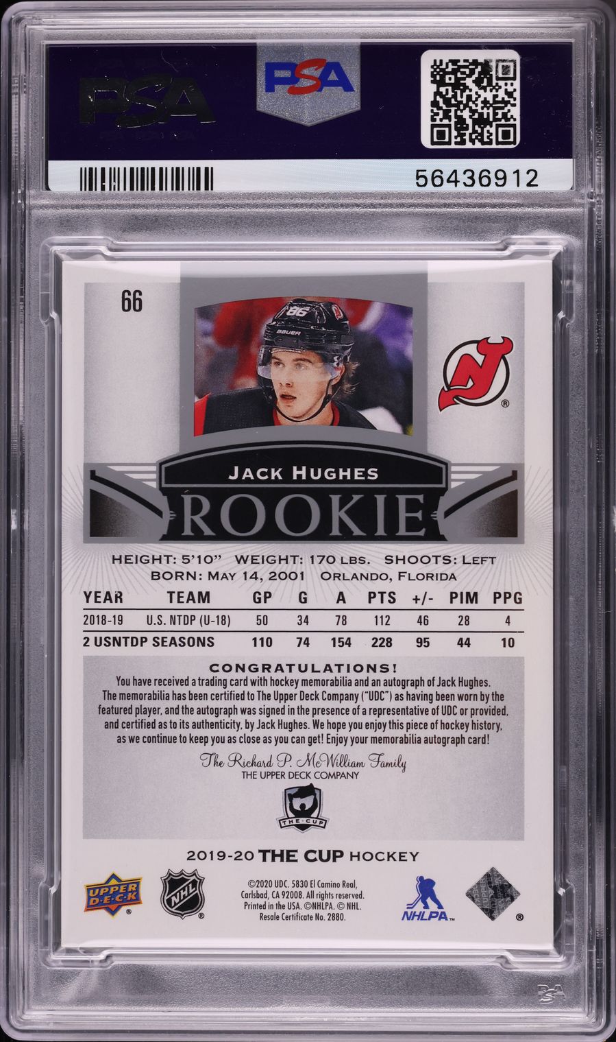 2019 Upper Deck The Cup Jack Hughes ROOKIE PATCH AUTO DNA 10 /99 #66 PSA 8 NM-MT