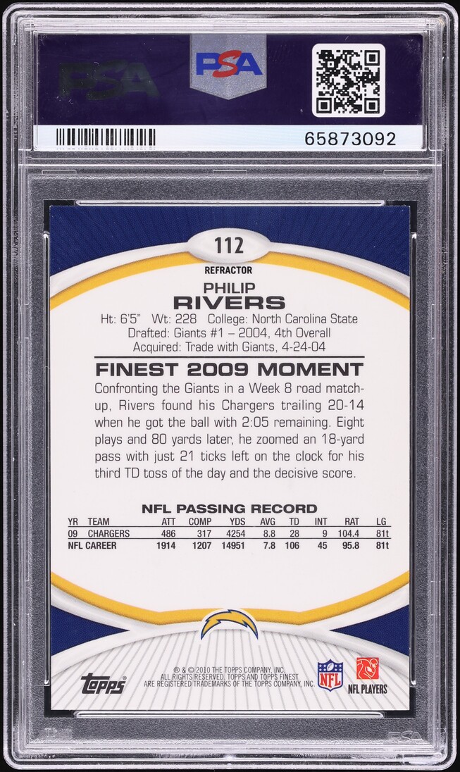 2010 Finest Superfractor Philip Rivers 1/1 #112 PSA 8 NM-MT - Photo 2