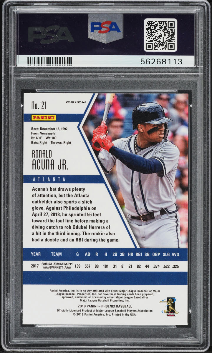2018 Panini Chronicles Phoenix Prizm Ronald Acuna Jr. ROOKIE #21 PSA 9 MINT