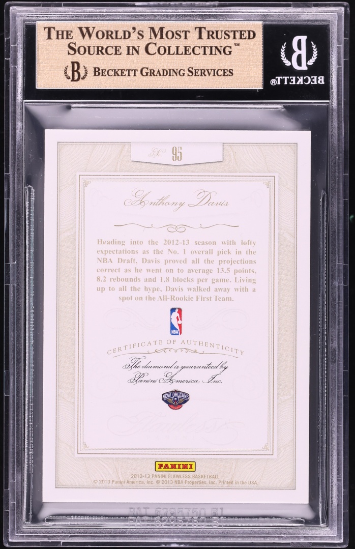 2012 Panini Flawless Platinum Anthony Davis ROOKIE 1/1 #95 BGS 9.5 GEM MINT - Photo 2