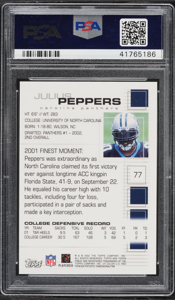 2002 Finest Football Julius Peppers ROOKIE #77 PSA 10 GEM MINT