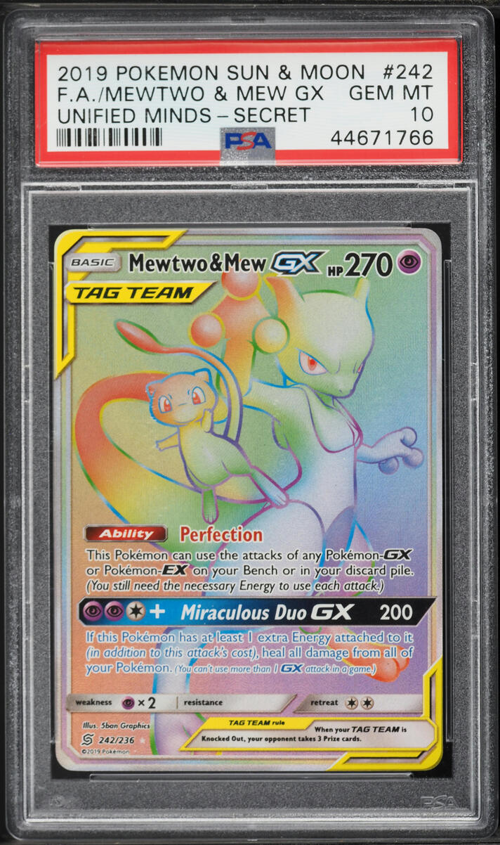 2019 Pokemon Sun & Moon Unified Minds Rainbow Rare Mewtwo & Mew GX #242 PSA 10 GEM MINT