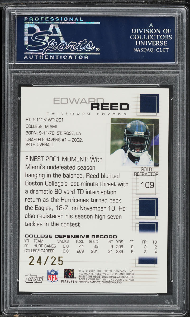 2002 Finest Gold Refractor Ed Reed ROOKIE /25 #109 PSA 10 GEM MINT