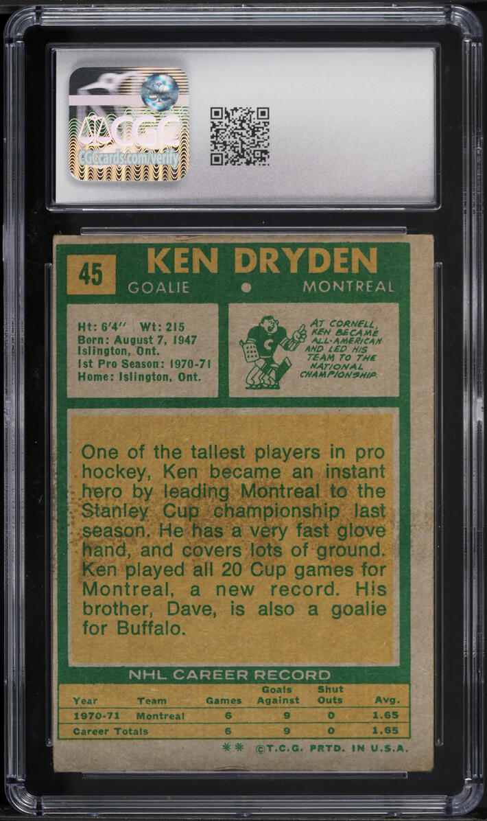 1971 Topps Hockey Ken Dryden ROOKIE #45 CGC 2 GD