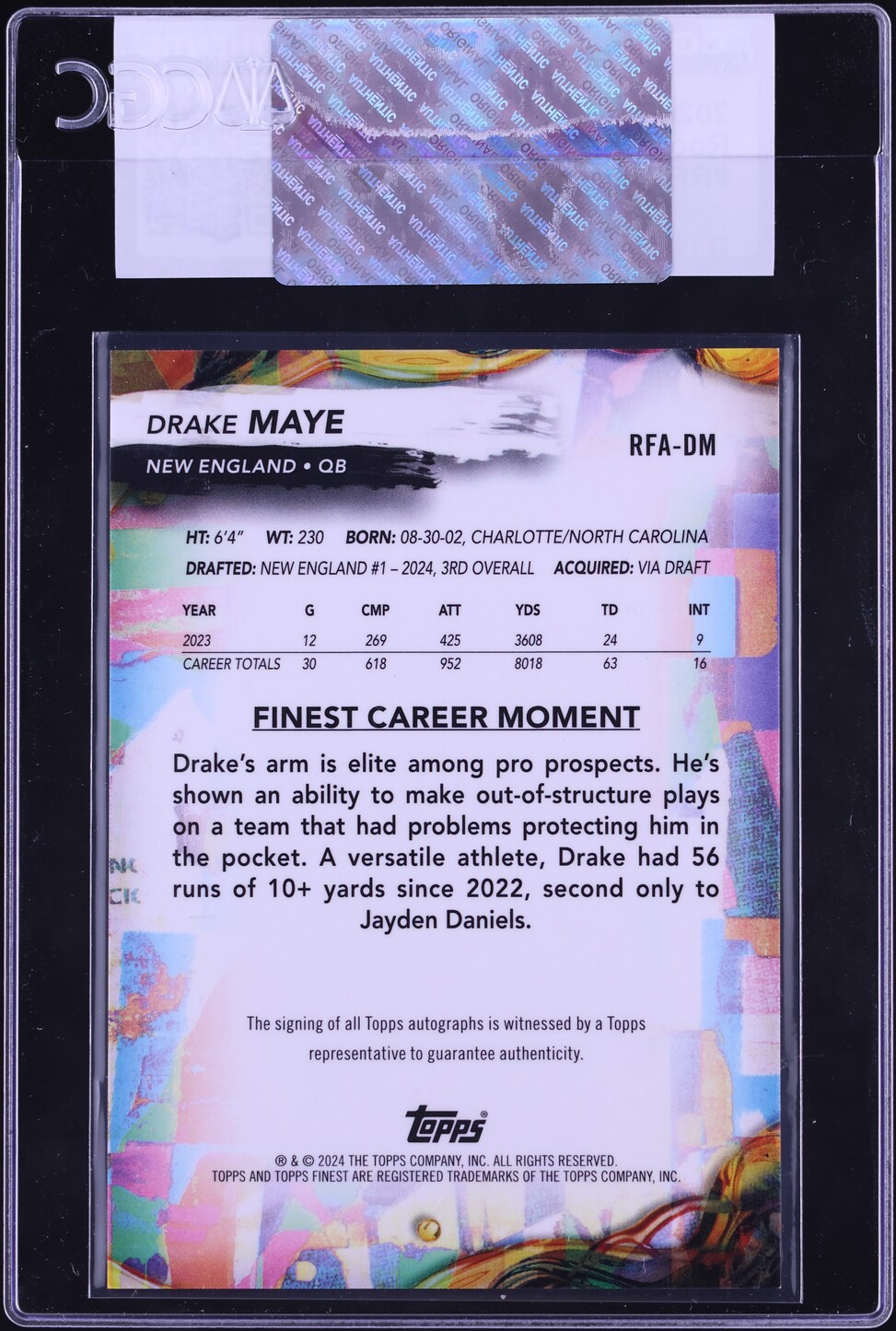 2024 Finest Football Drake Maye ROOKIE AUTO #RFA-DM CGC AUTH