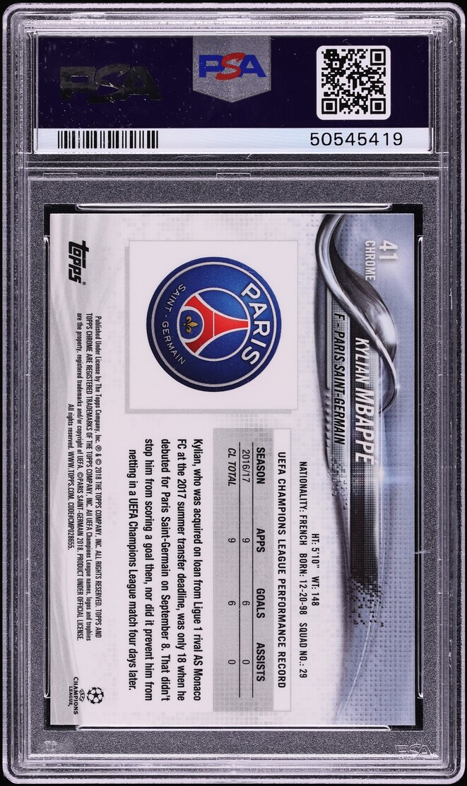 2017 Topps Chrome UEFA Champions League Kylian Mbappe ROOKIE #41 PSA 10 GEM MINT