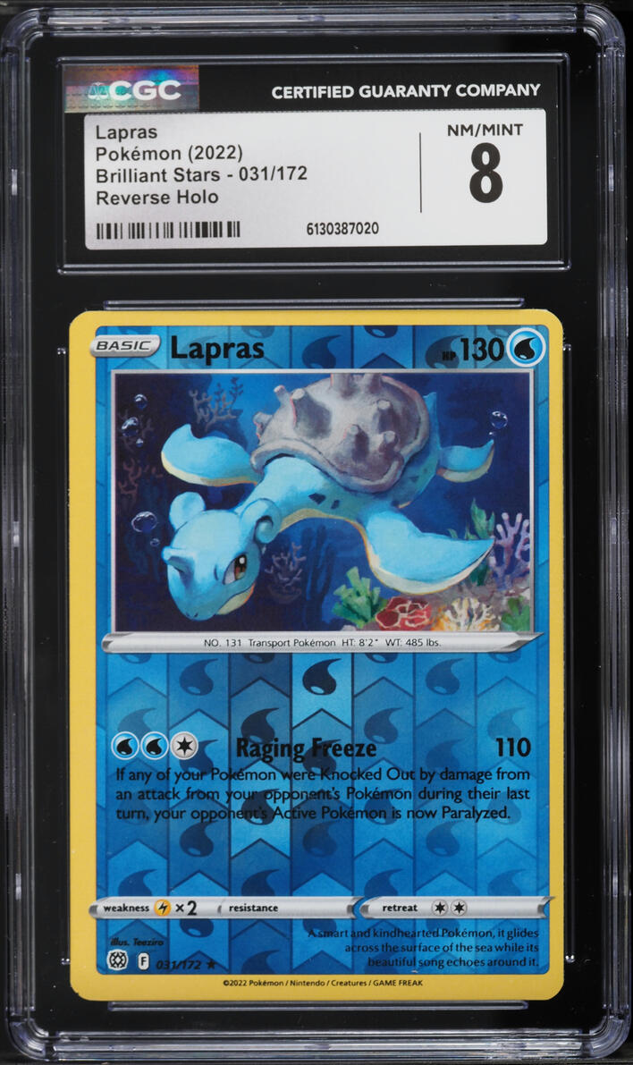 2022 Pokemon Sword & Shield Brilliant Stars Reverse Holo Lapras #031 CGC 8 NM-MT