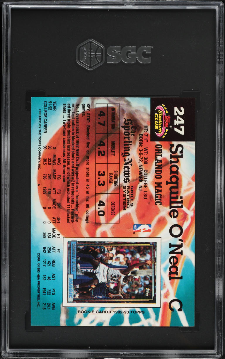 1992 Stadium Club Basketball Shaquille O'Neal ROOKIE #247 SGC 8.5 NM-MT+
